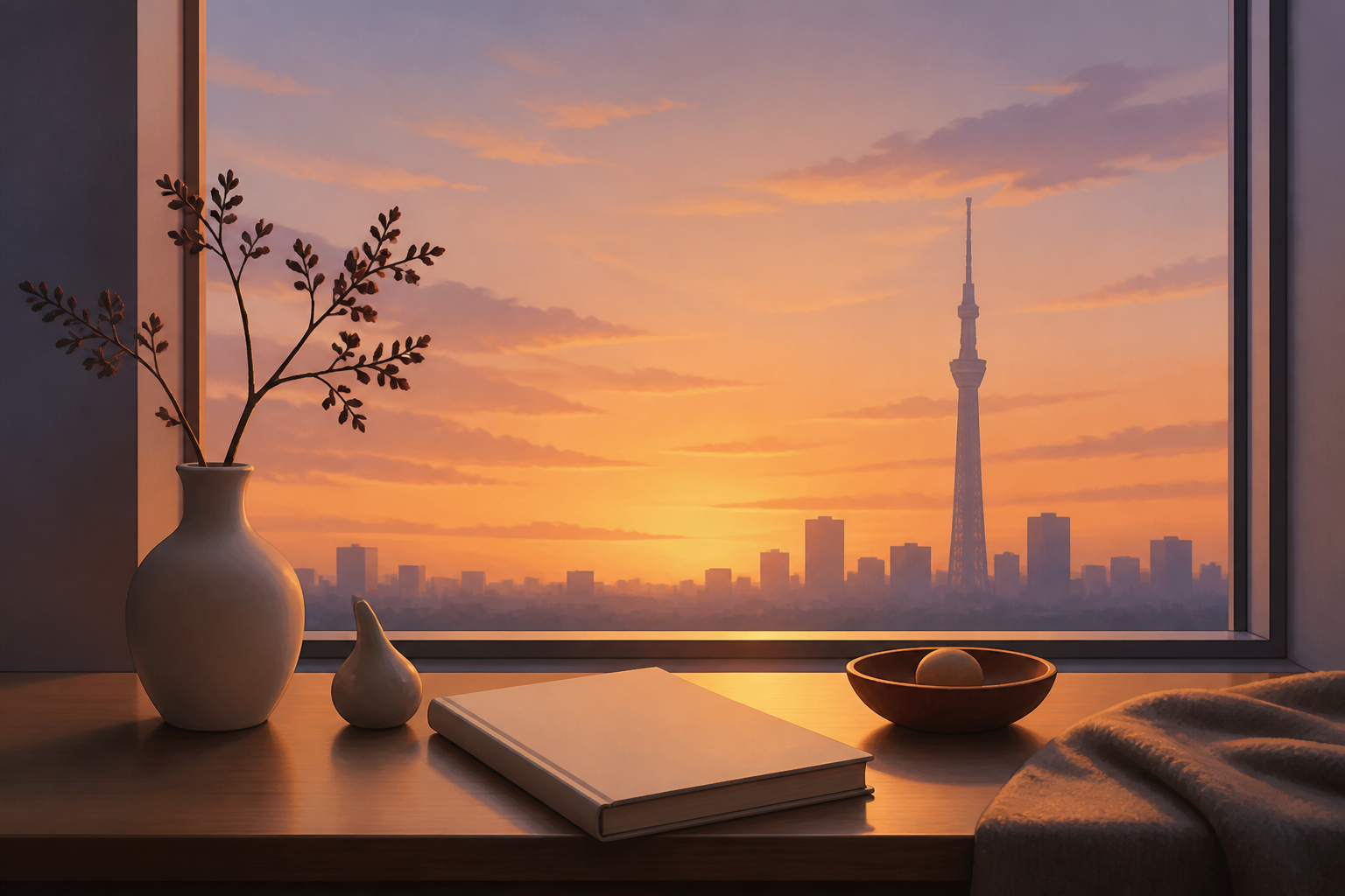 静かな街の風景とスカイツリーが遠くに見える、夕暮れ時の静物写真