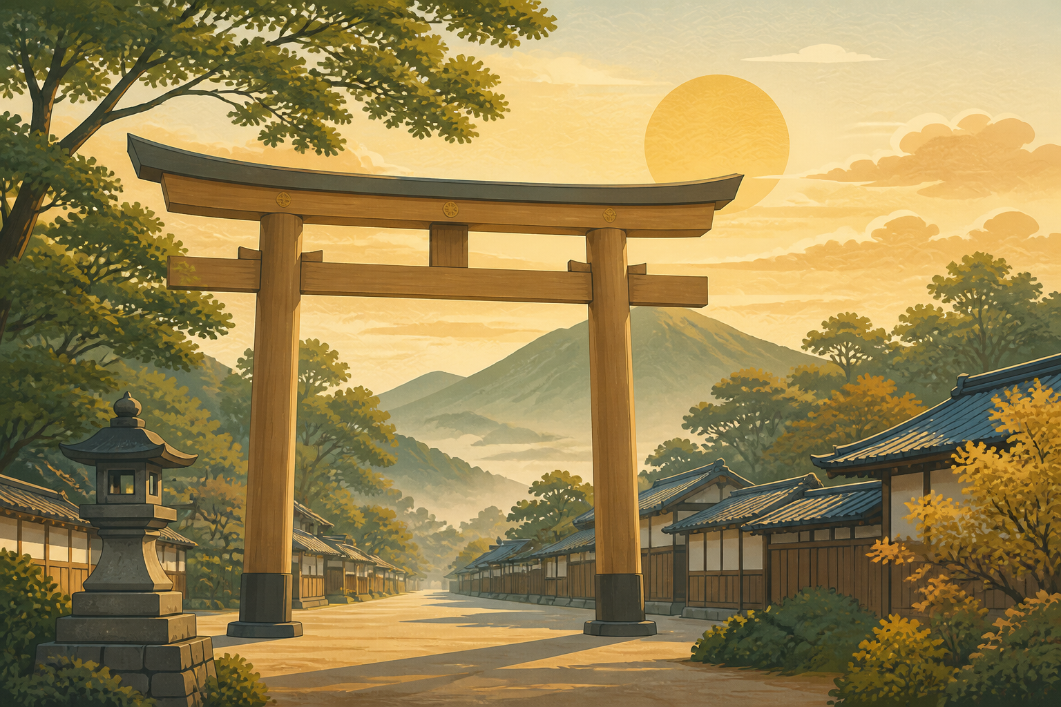 鳥居と街並みを描いた汎用イラスト。実際の多度大社や多度の街を再現したものではない（AI生成）