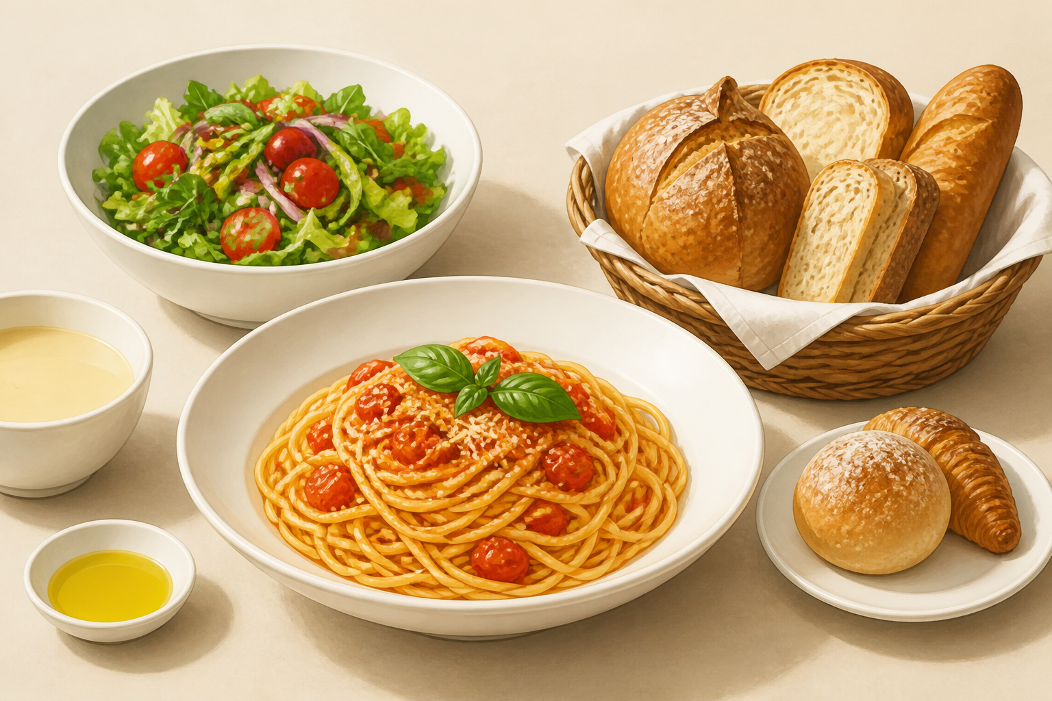 パスタ、サラダ、スープ、パンを描いた食事の汎用イラスト(AI生成)