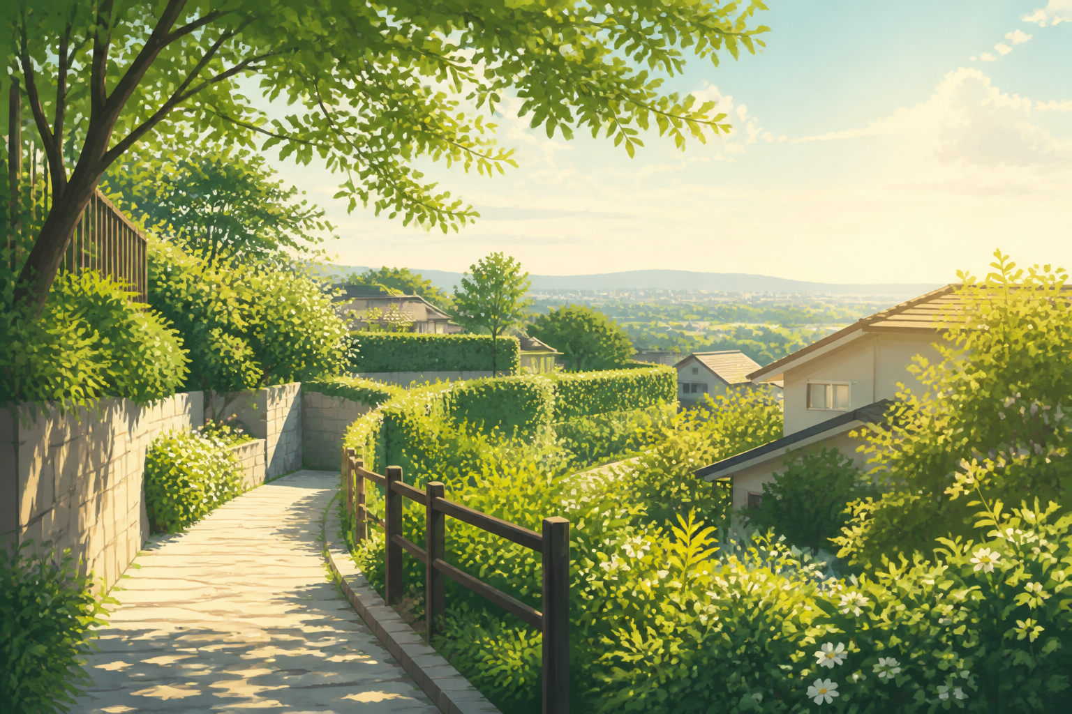 緑の植込みと家々の間を通る小道の汎用イラスト。宮前平の実際の道を再現したものではない（AI生成）