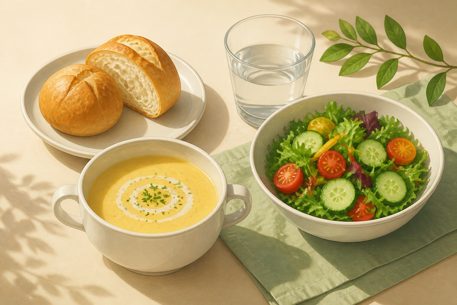 スープ、サラダ、パンと飲み物を描いた食事の汎用イラスト(AI生成)