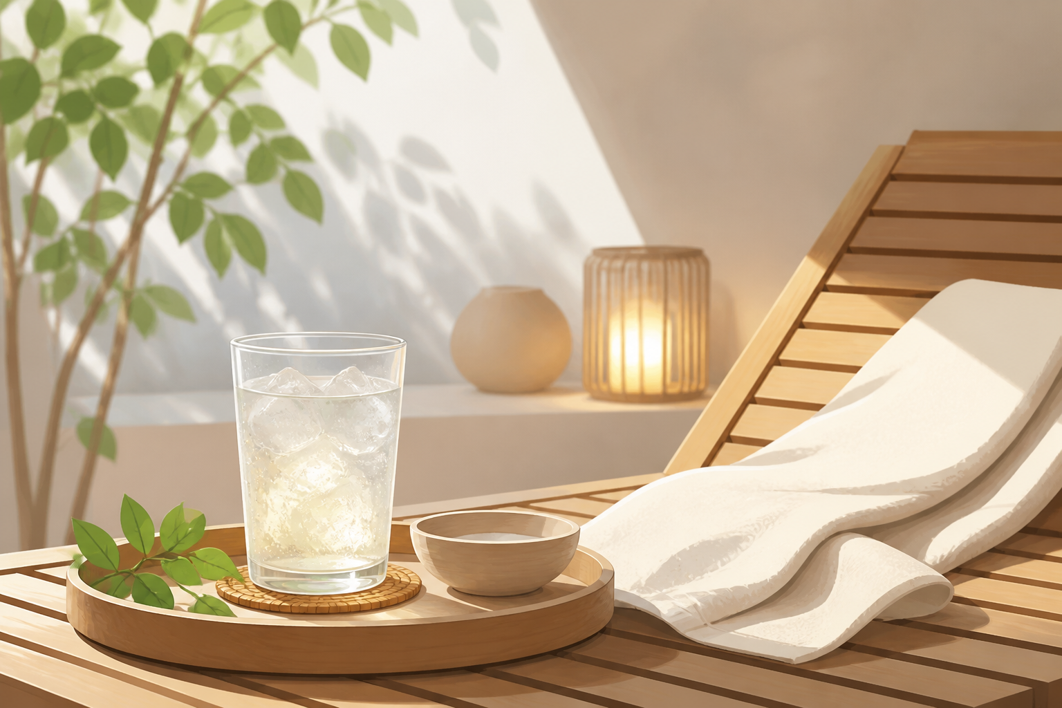 水入りグラス、カップ、タオルと休憩用の椅子を描いた汎用イラスト(AI生成)
