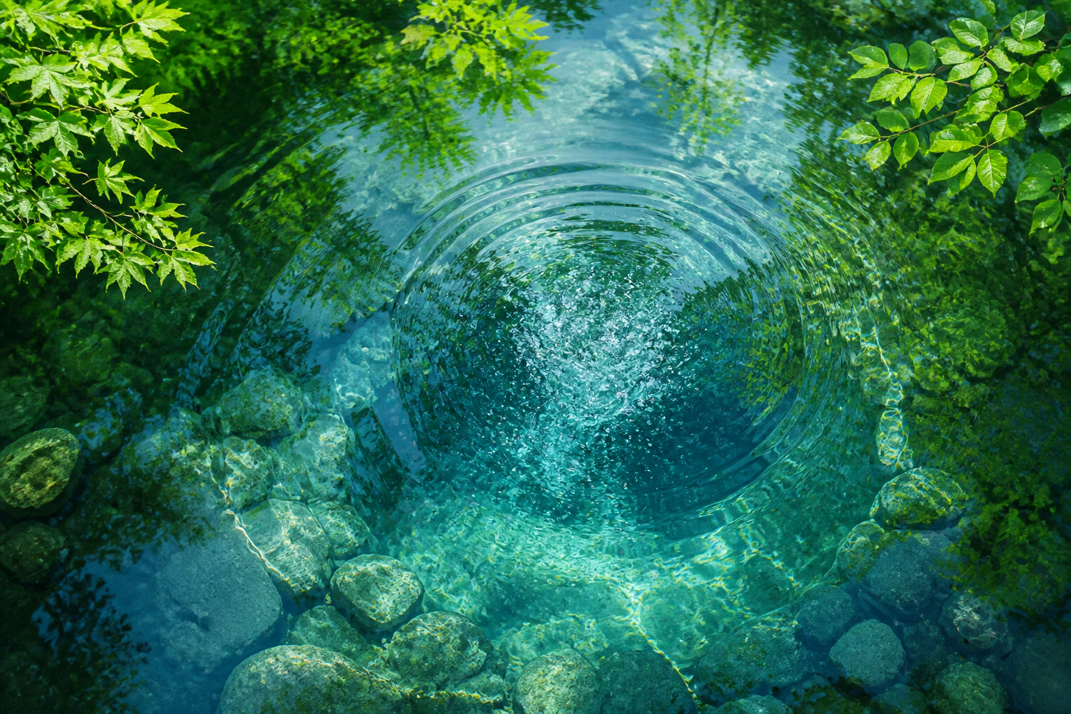 緑に囲まれた水面と石・波紋を描いた湧水の汎用イメージ。大垣サウナの水風呂写真ではない（AI生成）
