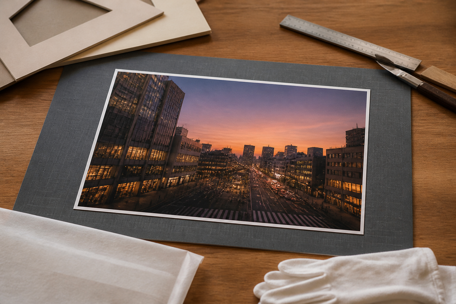 夕景の都市を描いたプリントと台紙・定規・布を机に置いた汎用イメージ。新宿の現地写真ではない(AI生成)