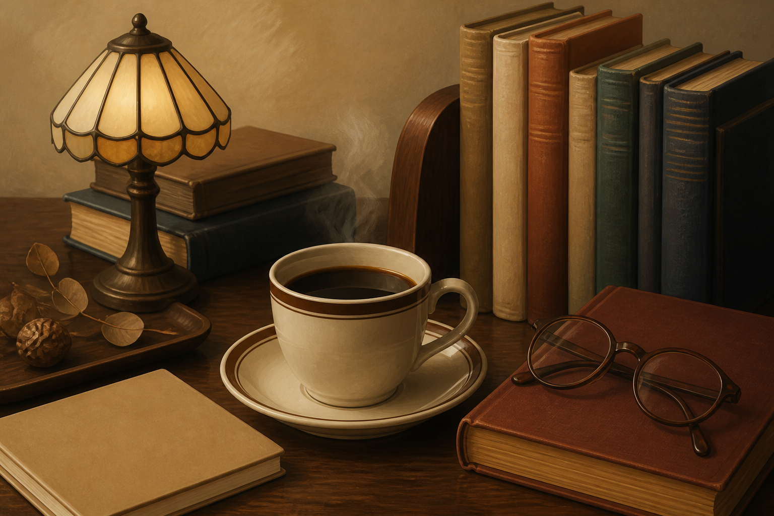 本、眼鏡、コーヒーカップとランプを描いた読書の汎用イラスト。実在喫茶店の写真ではない(AI生成)