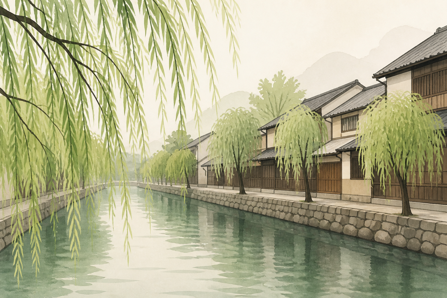 柳と木造建物が並ぶ水路を描いた創作イラスト(AI生成)
