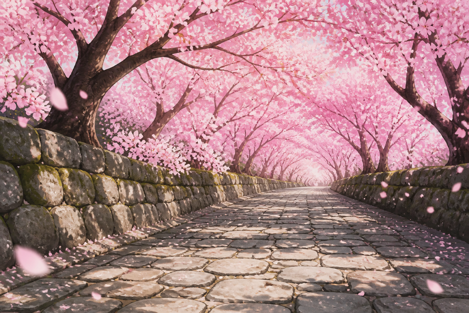 桜並木と石垣・石畳の道を描いた汎用イメージ。染井霊園や現地の歩行経路を撮影した写真ではない(AI生成)