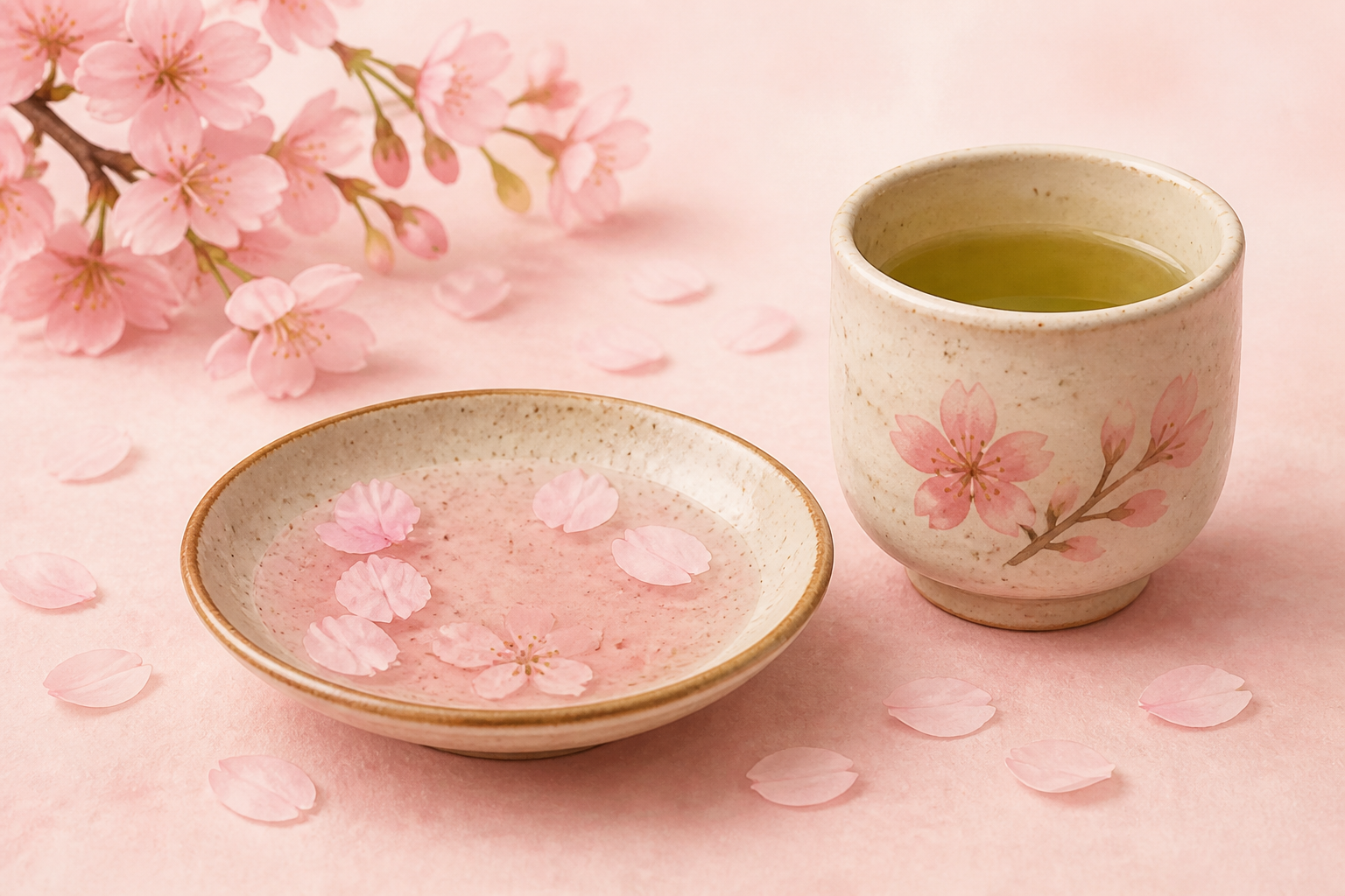 桜柄の湯呑みの茶と、小皿の花びらを描いた汎用イメージ。小皿に液体はなく、実際の館内メニューではない(AI生成)